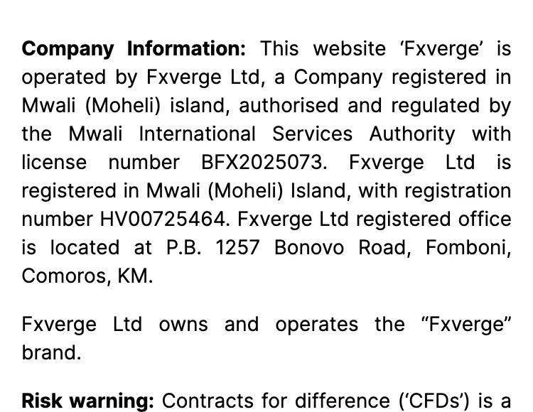 FxVergeのCompany Information。Fxverge LtdはMwali島で登記され、ライセンス番号BFX2025073と記載されている