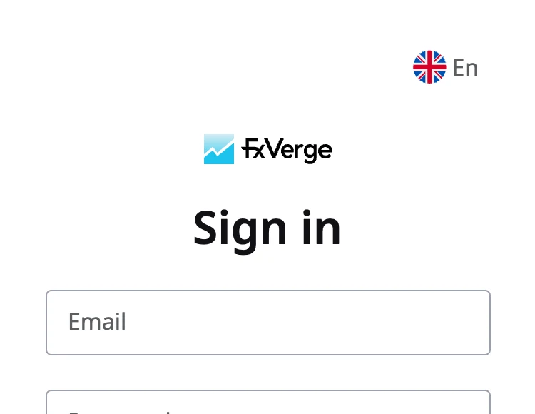 FxVergeのサインイン画面。Email、Password、Sign in、Open accountがすべて英語で表示されている