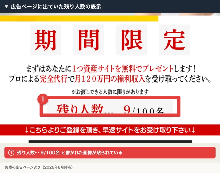 プロジェクトエンジェルの広告ページ。期間限定という大きな文字の下に、お渡しできる人数に限りがあります、残り人数… 9/100名と書かれている