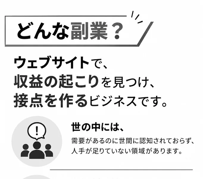 どんな副業?ウェブサイトで、収益の起こりを見つけ、接点を作るビジネスですという見出しと、需要があるのに世間に認知されていない領域があるという説明が並んだ広告