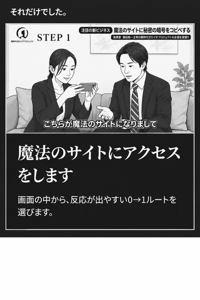 第1話の実演のSTEP 1。二人が並んでスマートフォンを見ている動画のキャプチャに、こちらが魔法のサイトになりましてという字幕が入り、魔法のサイトにアクセスをしますと続いている