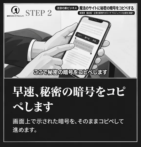 第1話の実演のSTEP 2。手に持ったスマートフォンにコピー・調べる・共有の選択メニューが出ている動画のキャプチャに、ここで秘密の暗号をコピペしますという字幕が入っている