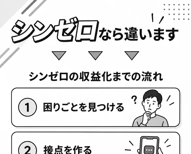 シンゼロなら違いますという見出しと、シンゼロの収益化までの流れとして1困りごとを見つける、2接点を作る、3収益発生の3段階が並んだ広告