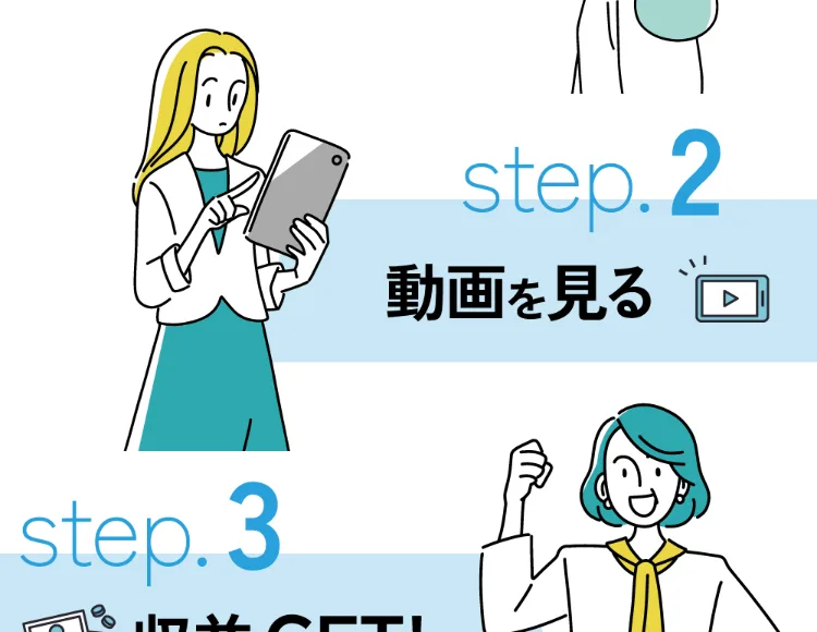 3STEPのstep2「動画を見る」step3「収益GET!」を示す株式会社集の広告画面