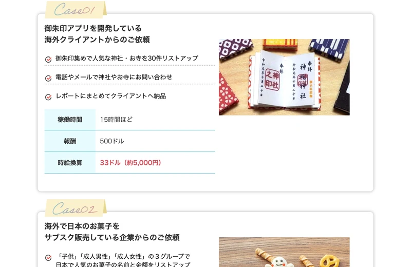 御朱印アプリの海外クライアントからの依頼、稼働時間15時間ほど、報酬500ドル、時給換算33ドル約5,000円と書かれた仕事例