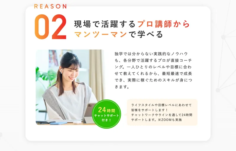 現場で活躍するプロ講師からマンツーマンで学べるという説明。チャットワークやラインを通して24時間サポートします、ZOOMも実施と書かれた緑のバッジが付いている