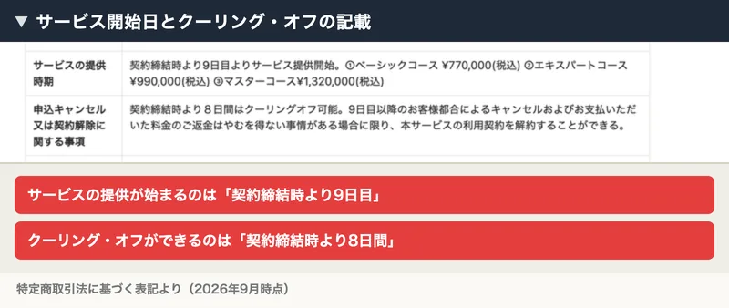 サービスの提供時期の欄に、契約締結時から9日目にサービス提供開始と書かれ、申込キャンセル又は契約解除に関する事項の欄に、契約締結時から8日間はクーリングオフ可能と書かれた特定商取引法の表記