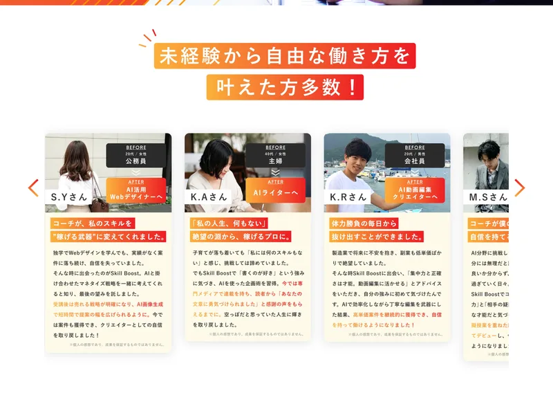 未経験から自由な働き方を叶えた方多数という見出しと、S.Yさん、K.Aさん、K.Rさん、M.Sさんの4人のビフォーアフターが横並びになっている
