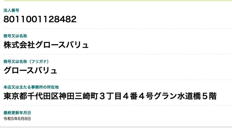 国税庁の画面。法人番号8011001128482、商号「株式会社グロースバリュ」、所在地「東京都千代田区神田三崎町3丁目4番4号グラン水道橋5階」と表示されている