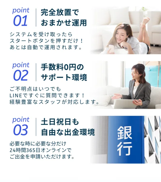 「完全放置でおまかせ運用」「手数料0円のサポート環境」「土日祝日も自由な出金環境」と3つのポイントを挙げる、らくらく投資の広告