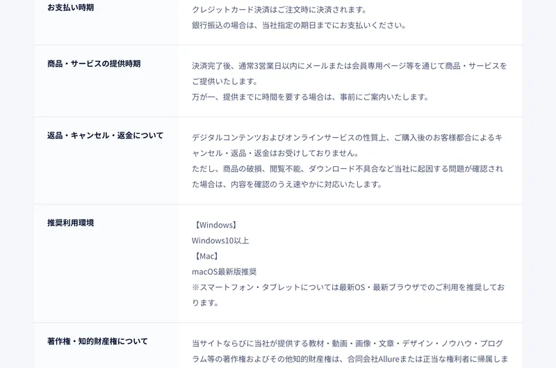 合同会社Allureの特定商取引法に基づく表記。返品・キャンセル・返金について、購入後のお客様都合によるキャンセル・返品・返金は受けないと書かれている