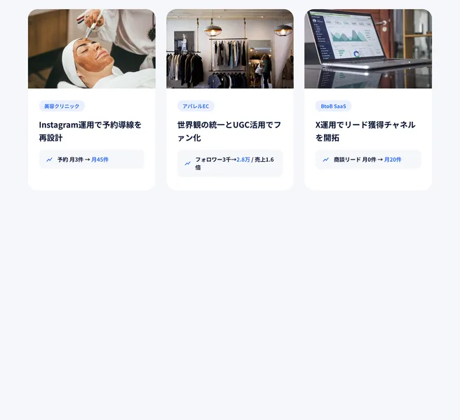 合同会社Allureの実績・事例ページ。美容クリニック、アパレルEC、BtoB SaaSなど業種名と数字だけが並び、企業名は書かれていない