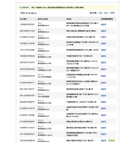 国税庁の法人番号公表サイトでAllureを検索した結果。49件見つかり、福岡・神奈川・大阪・中央区・新宿区などの法人が並んでいる