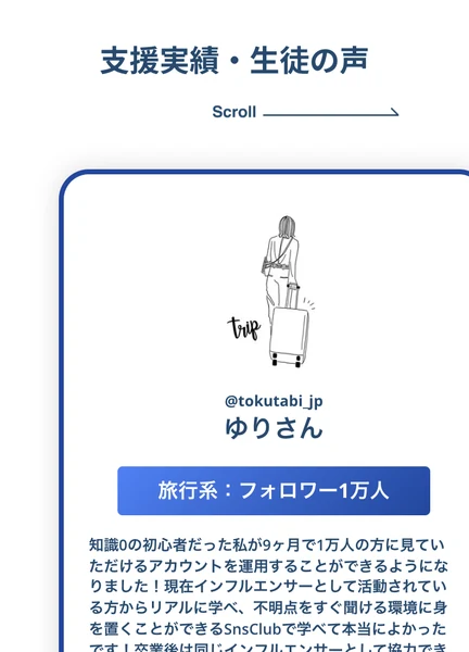 SnsClubの支援実績として、旅行系フォロワー1万人のゆりさんなど受講生の声がアカウント名付きで並んでいる画面