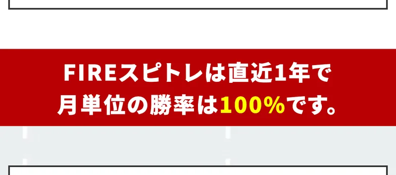 FIREサロンNEOの募集ページ。FIREスピトレは直近1年で月単位の勝率は100%ですと書かれている