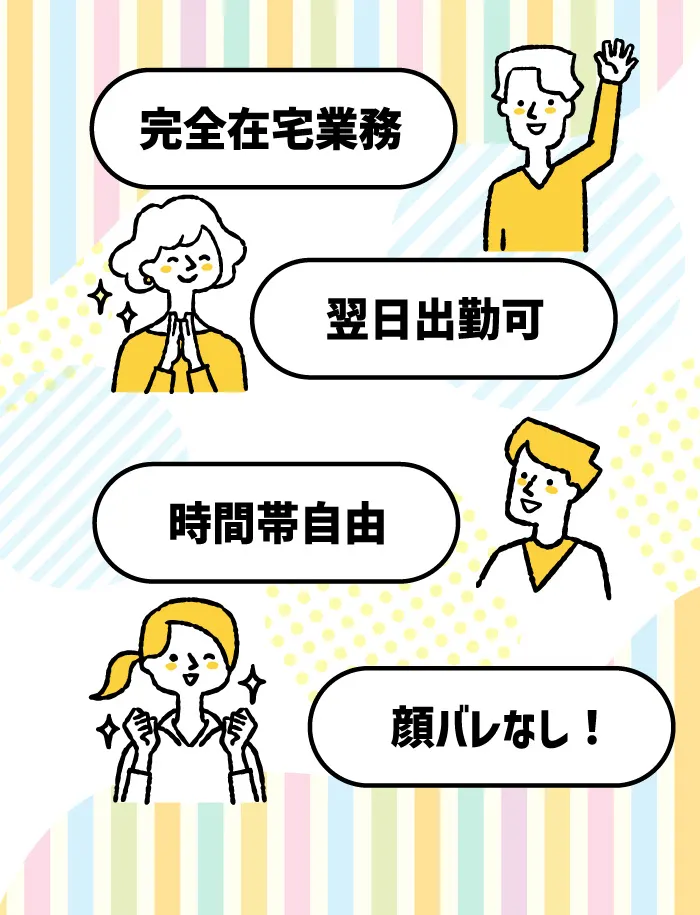 「完全在宅業務」「翌日出勤可」「時間帯自由」「顔バレなし!」と4つの吹き出しで並ぶスマlaboの広告画面