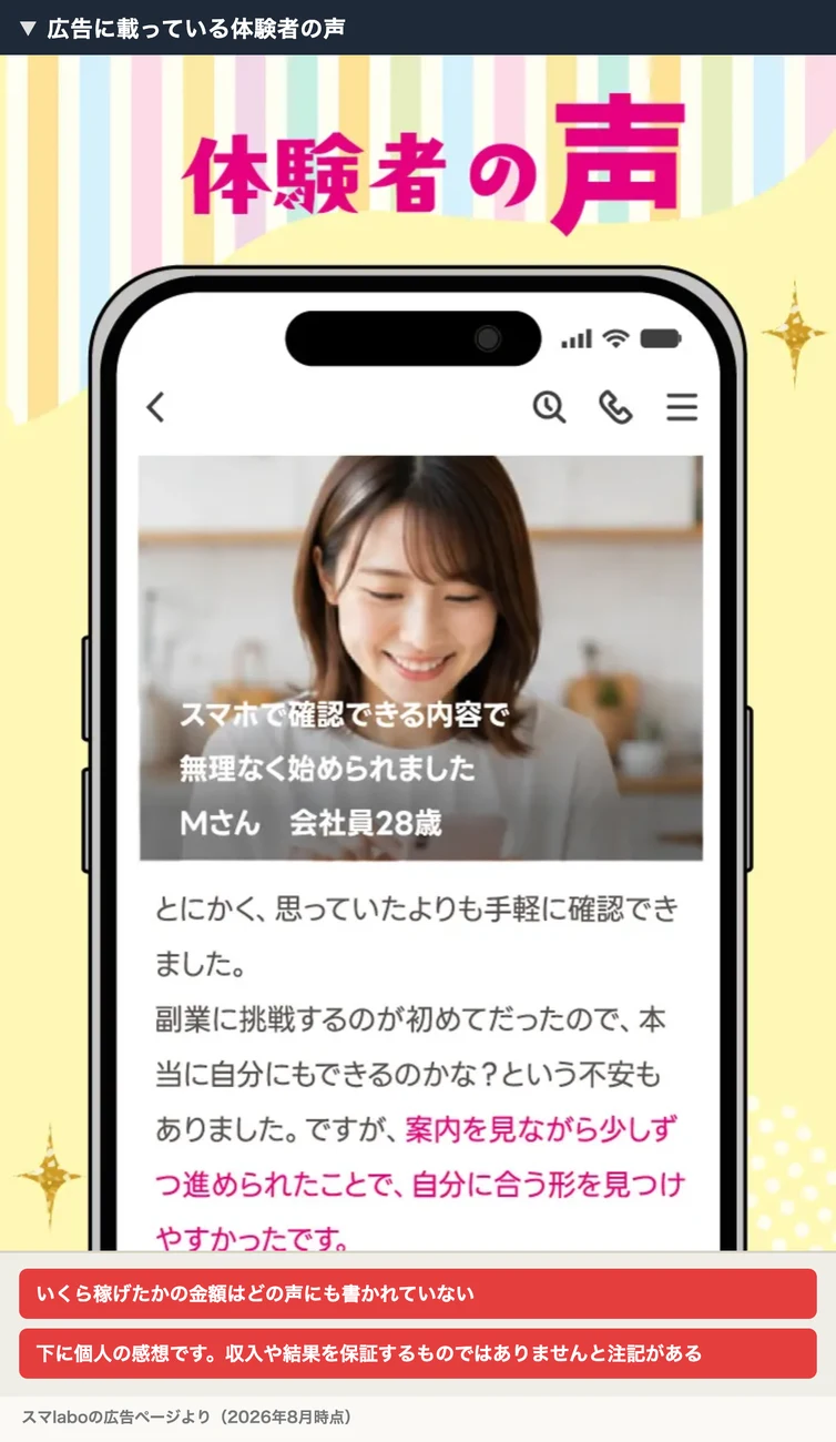 「スマホで確認できる内容で無理なく始められました Mさん 会社員28歳」など、LINEの画面を模した形で並ぶスマlaboの体験者の声