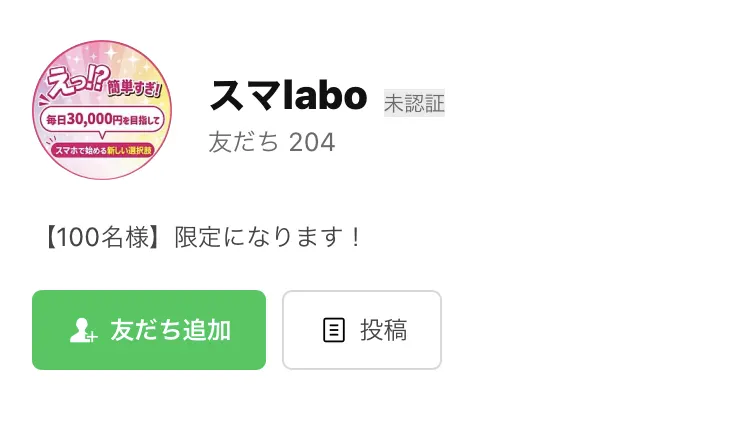 アカウント名「スマlabo」、ステータスメッセージ「【100名様】限定になります!」、友だち204と表示されたLINEの友だち追加画面