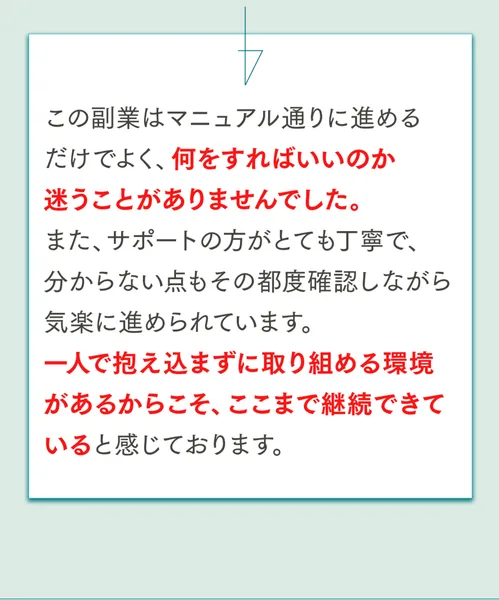 「この副業はマニュアル通りに進めるだけでよく、何をすればいいのか迷うことがありませんでした」と書かれた利用者の声