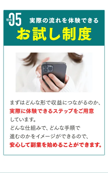 「実際の流れを体験できるお試し制度」として、まずは収益につながる形を体験できると説明した画面