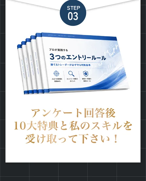 STEP03として、プロが実践する3つのエントリールールという資料の画像と、アンケート回答後 10大特典と私のスキルを受け取って下さい!という文字が並ぶ広告