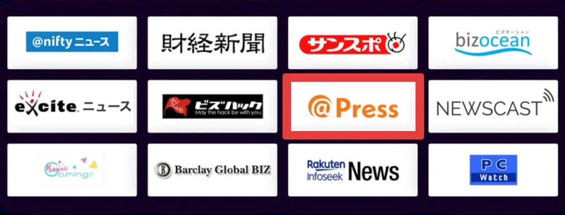@niftyニュース、excite.ニュース、財経新聞、ビズハック、サンスポ、@Press、Rakuten Infoseek News、bizocean、NEWSCAST、PC Watchのロゴが並ぶ広告ページのメディア掲載欄に赤枠を入れた画像