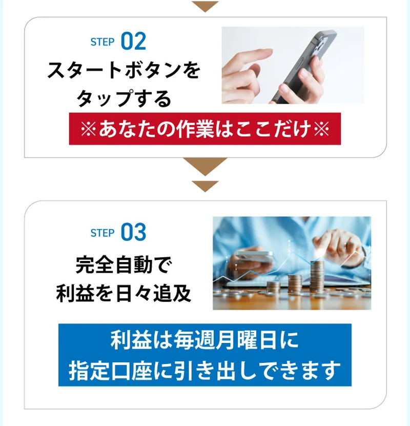 「あなたの作業はここだけ」としてスタートボタンを押すだけ、あとは完全自動で利益を追及すると案内するトレナビの操作方法