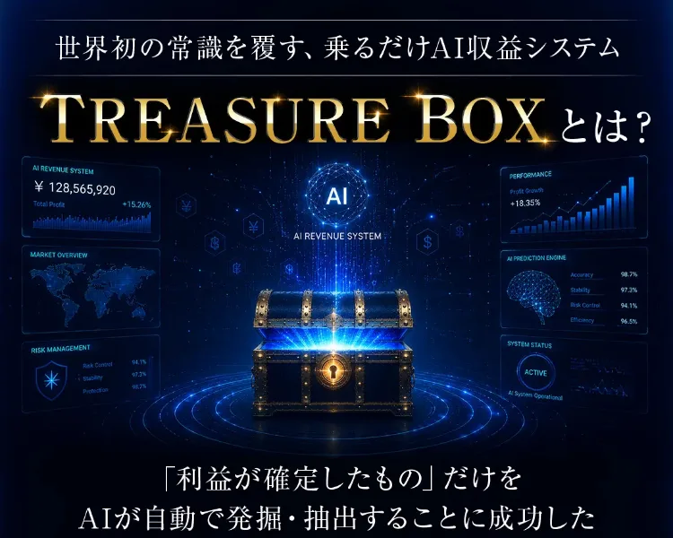 TREASURE BOXを乗るだけAI収益システムと紹介する広告画面。AIのダッシュボード風の画像が並ぶ