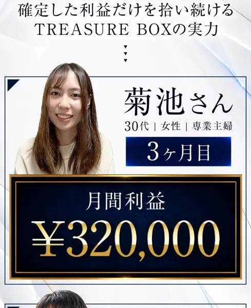TREASURE BOXの利用者として3人の顔写真と月間利益の金額が並ぶ広告画面