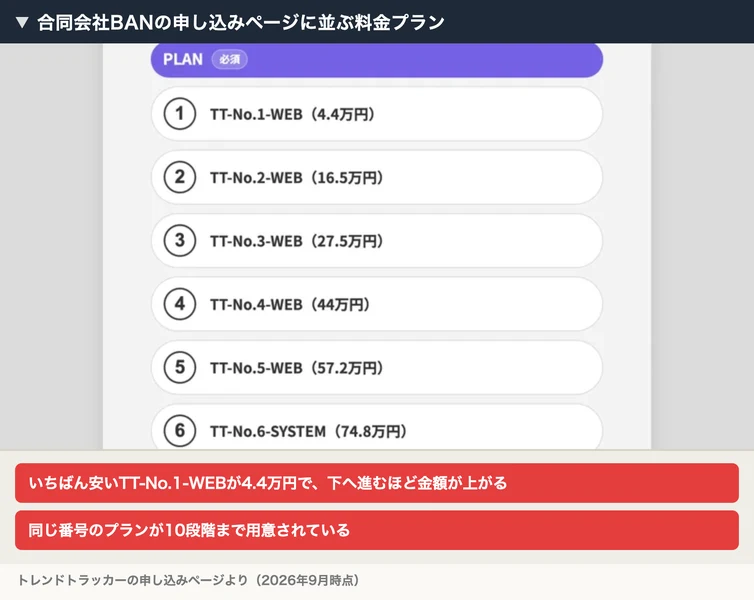 PLANという見出しの下に、TT-No.1-WEB 4.4万円からTT-No.6-SYSTEM 74.8万円まで番号付きのプランが並ぶ申し込みページ