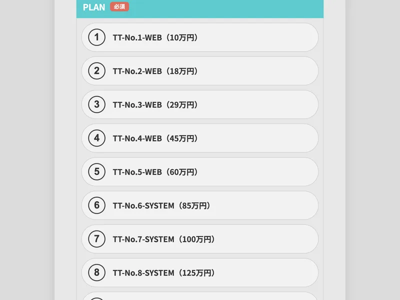 TT-No.1-WEB 10万円からTT-No.10-SYSTEM 198万円まで並ぶ、合同会社Ananの申し込みページのプラン一覧