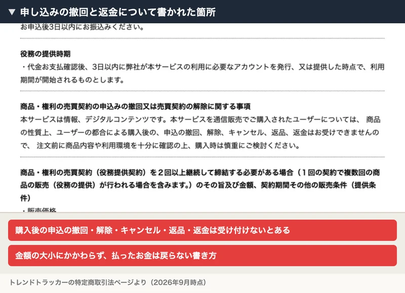 本サービスは情報、デジタルコンテンツであり、商品の性質上ユーザーの都合による購入後の申込の撤回、解除、キャンセル、返品、返金はお受けできませんと書かれた特定商取引法の表記