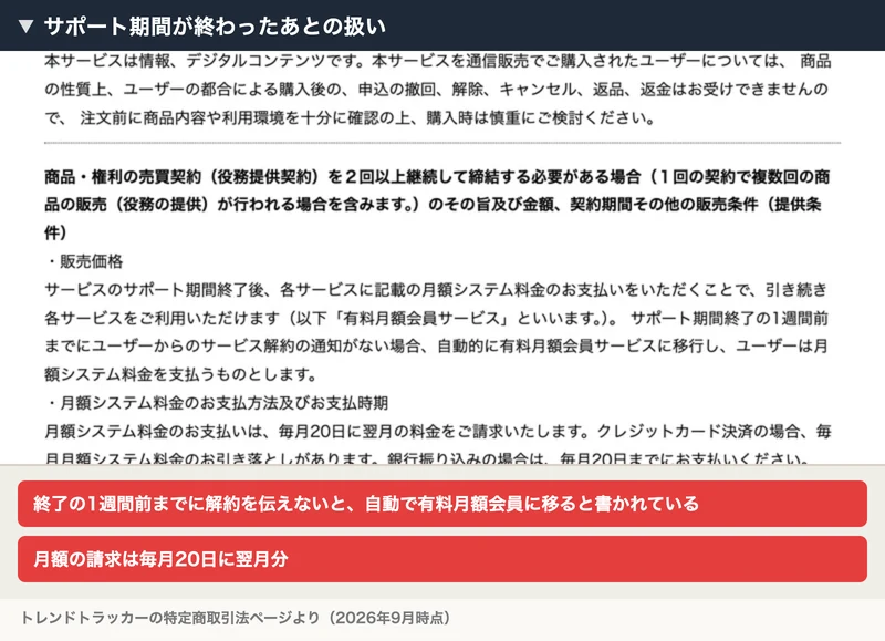 サポート期間終了の1週間前までにユーザーからのサービス解約の通知がない場合、自動的に有料月額会員サービスに移行すると書かれた特定商取引法の表記