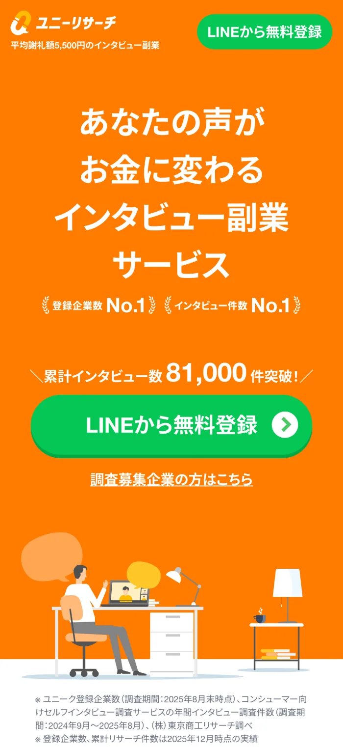 ユニーリサーチ公式サイトのトップページ。「平均謝礼額5,500円のインタビュー副業」「あなたの声がお金に変わる」というキャッチコピーが表示されている