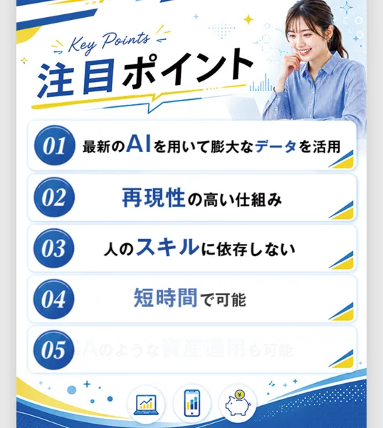 「注目ポイント」として「01 最新のAIを用いて膨大なデータを活用」「02 再現性の高い仕組み」「03 人のスキルに依存しない」などが番号付きで並ぶ広告画面