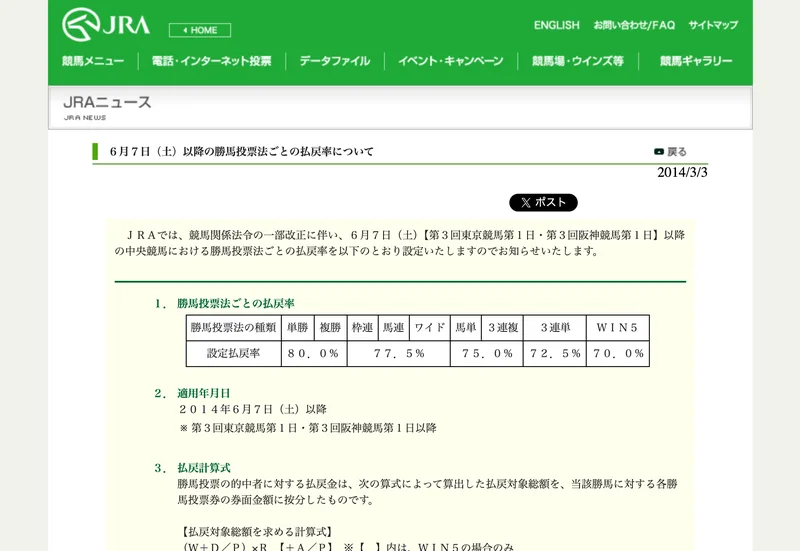 JRAの発表ページ。勝馬投票法ごとの設定払戻率と、競馬法第8条の条文が掲載されている画面