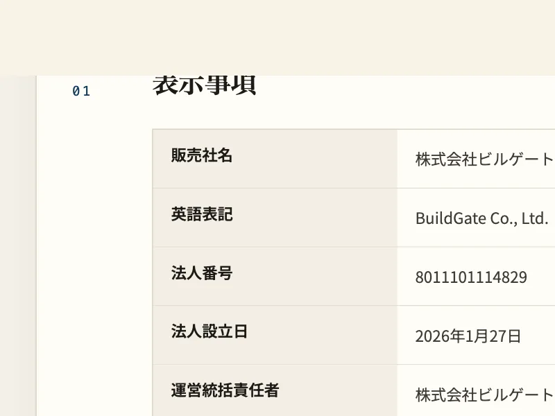 販売社名「株式会社ビルゲート」、法人番号8011101114829、法人設立日2026年1月27日と記載された特定商取引法の表記