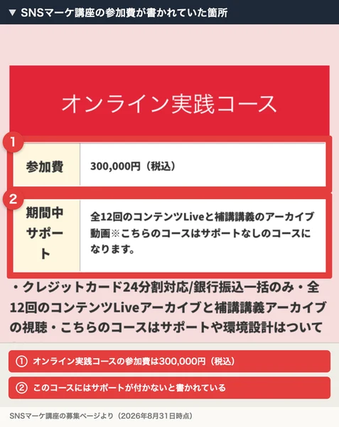 うとの講座の料金表。オンライン実践コースは参加費300,000円(税込)で、期間中サポートは全12回のコンテンツLiveと補講講義のアーカイブ動画、このコースはサポートなしのコースになりますと書かれている