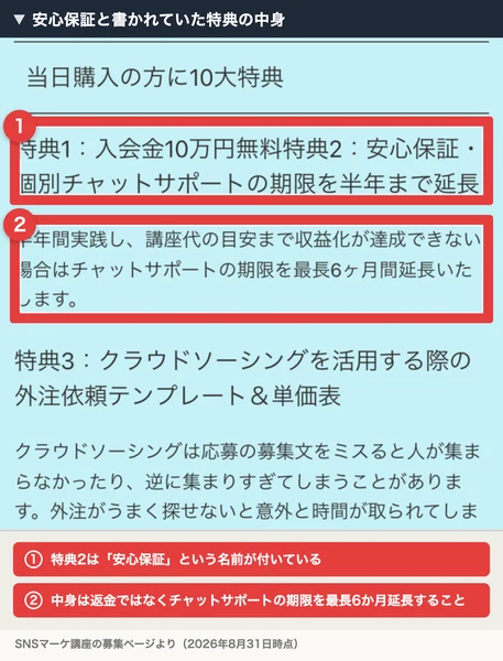 うとの講座の特典。特典1は入会金10万円無料、特典2は安心保証・個別チャットサポートの期限を半年まで延長と書かれ、半年間実践し講座代の目安まで収益化が達成できない場合はチャットサポートの期限を最長6ヶ月間延長すると書かれている