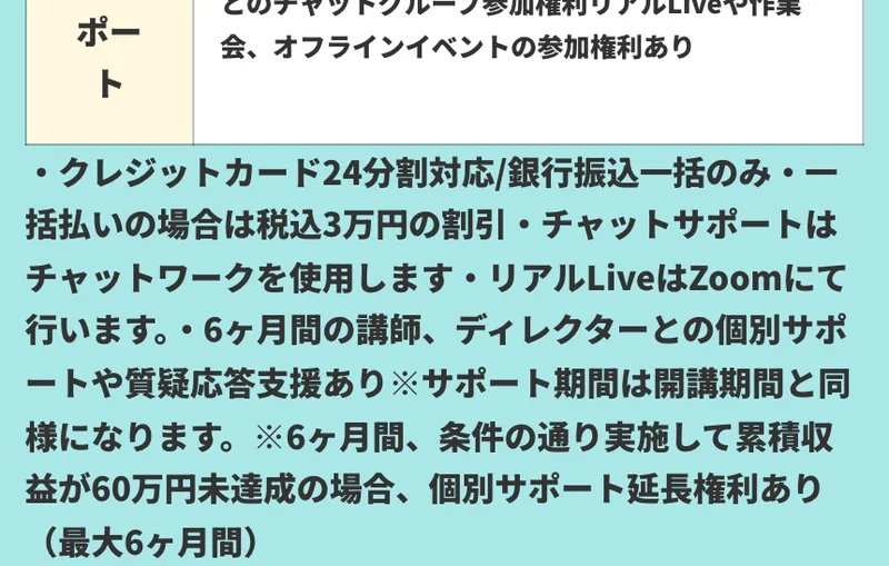 うとの講座の注記。6ヶ月間、条件の通り実施して累積収益が60万円未達成の場合、個別サポート延長権利ありと書かれている