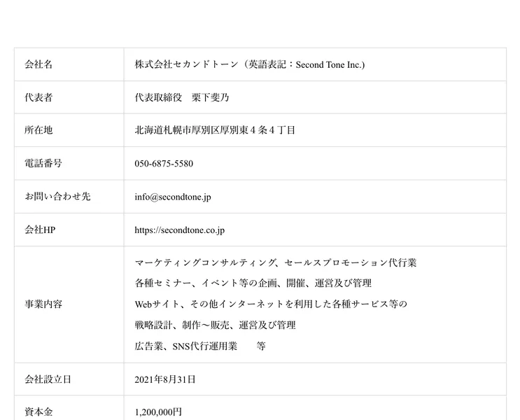 株式会社セカンドトーンの会社概要。代表者は代表取締役 栗下斐乃、所在地は北海道札幌市厚別区厚別東4条4丁目、電話番号は050から始まる番号、会社設立日は2021年8月31日、資本金は1,200,000円と書かれている