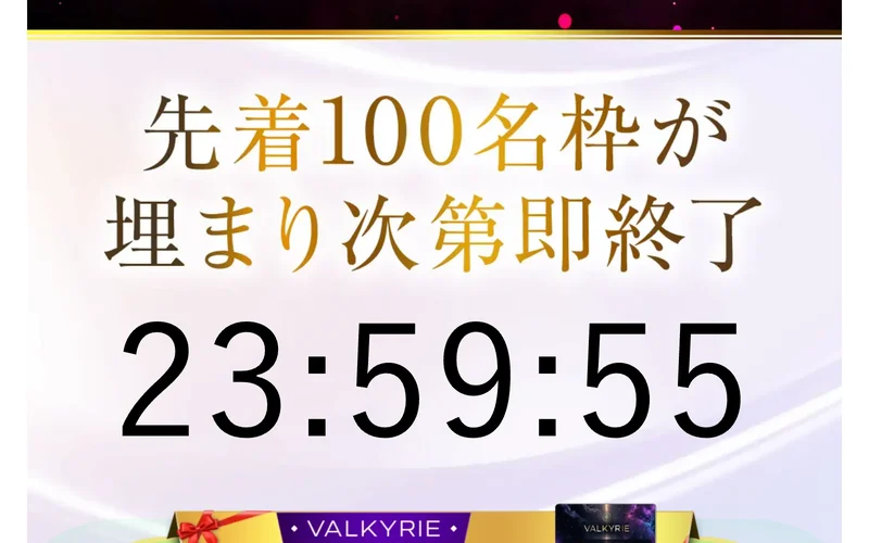 先着100名枠が埋まり次第即終了という見出しの下に、残り時間として23時間59分55秒と表示されている申し込みページ