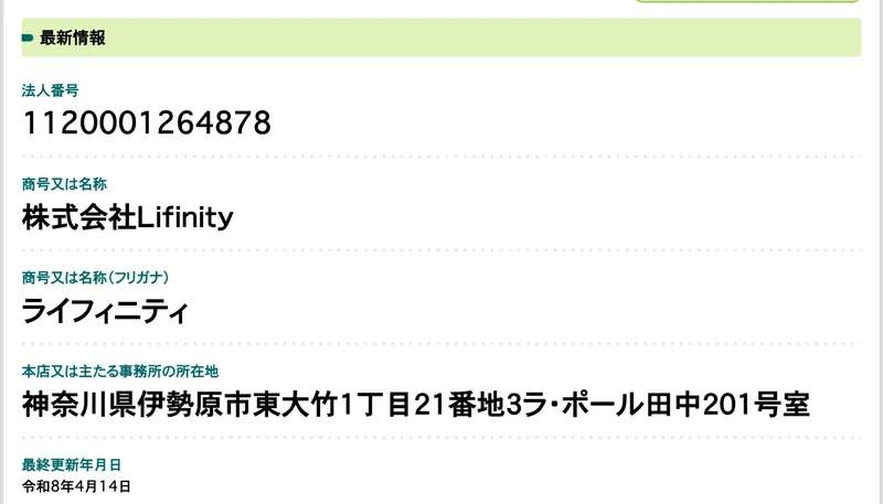 国税庁の法人番号公表サイト。法人番号1120001264878、商号又は名称は株式会社Lifinity、本店は神奈川県伊勢原市東大竹1丁目21番地3ラ・ポール田中201号室と表示されている画面