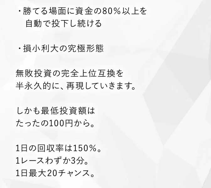 最低投資額はたったの100円から、1日の回収率は150%、1レースわずか3分、1日最大20チャンスと書かれた申し込みページ