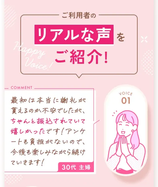 「最初は本当に謝礼が貰えるのか不安でしたが、ちゃんと振込されていて嬉しかったです!」など、手書き風のコメントが並ぶヴィーナスウォーカーの利用者の声