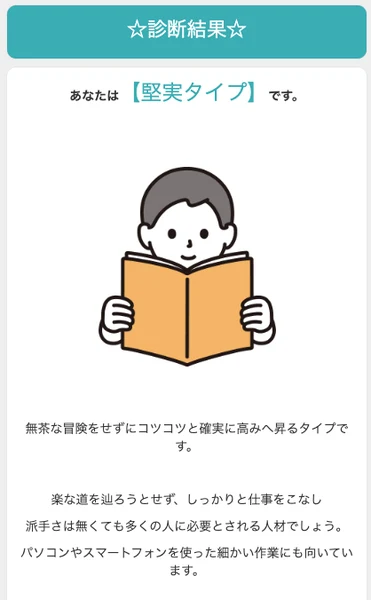 Winners Lifeの診断結果画面。あなたは堅実タイプです、無茶な冒険をせずにコツコツと確実に高みへ昇るタイプですと表示されている