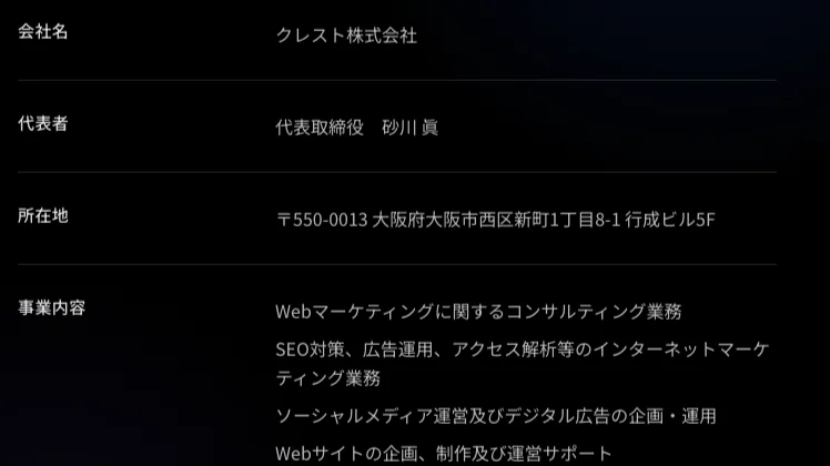 クレスト株式会社の会社概要に、会社名クレスト株式会社、代表者代表取締役砂川眞、所在地大阪府大阪市西区新町1丁目8-1行成ビル5Fと記載されている