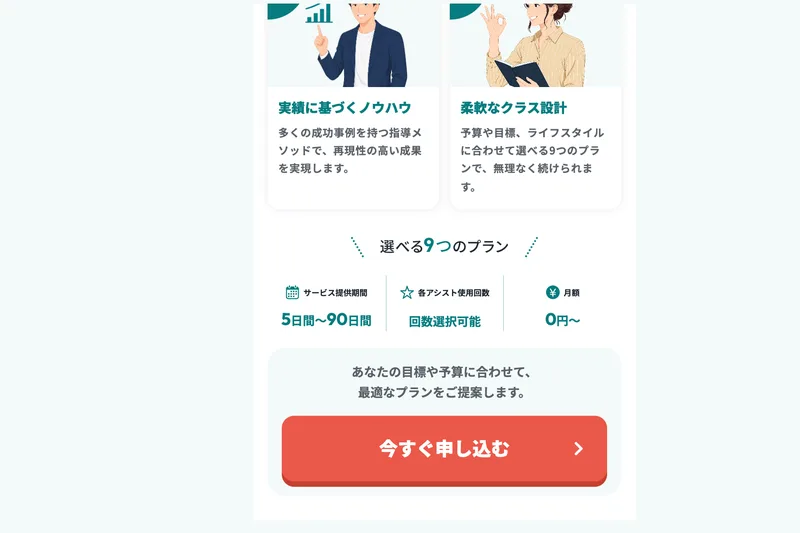 サービス提供期間は5日間から90日間、月額0円からと見せる一方で、具体的な料金は載せていないmottoのプラン案内