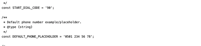 Yenno Xylosのscript.jsの続き。START_DIAL_CODEに'90'、DEFAULT_PHONE_PLACEHOLDERに'0501 234 56 78'が指定されている