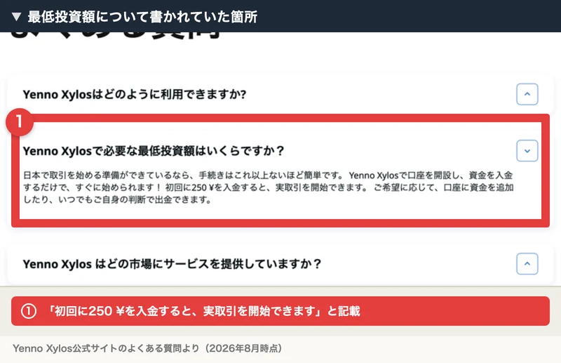 Yenno Xylosのよくある質問。Yenno Xylosで必要な最低投資額はいくらですかという質問に対し、初回に250 ¥を入金すると実取引を開始できますと回答されている